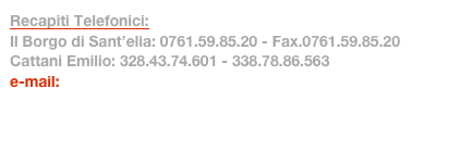 Recapiti Telefonici:
Il Borgo di Sant’elia: 0761.59.85.20 - Fax.0761.59.85.20
Cattani Emilio: 328.43.74.601 - 338.78.86.563
e-mail: info@allevamenticattaniemilio.it
 